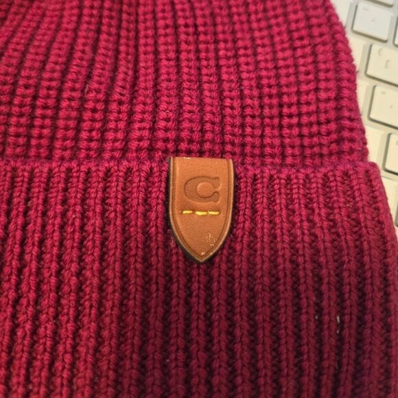 Coach Cherry Red Merino Wool Beanie NWT • Holiday Winter Knit Hat •Leather C Tag - Picture 2 of 7